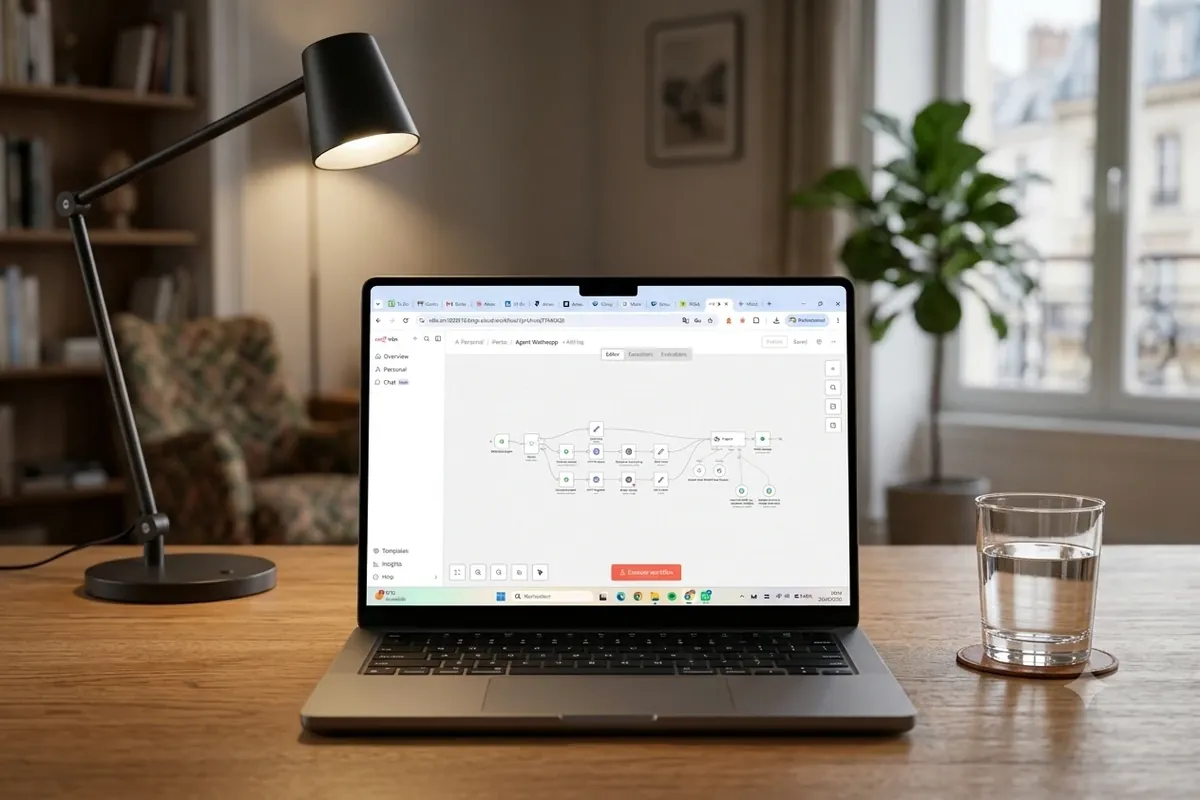 Workflow d'un agent IA WhatsApp affiché sur un ordinateur portable