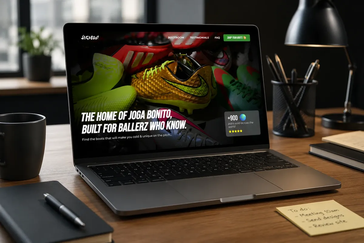 Boutique e-commerce de crampons de foot affichée sur un ordinateur portable