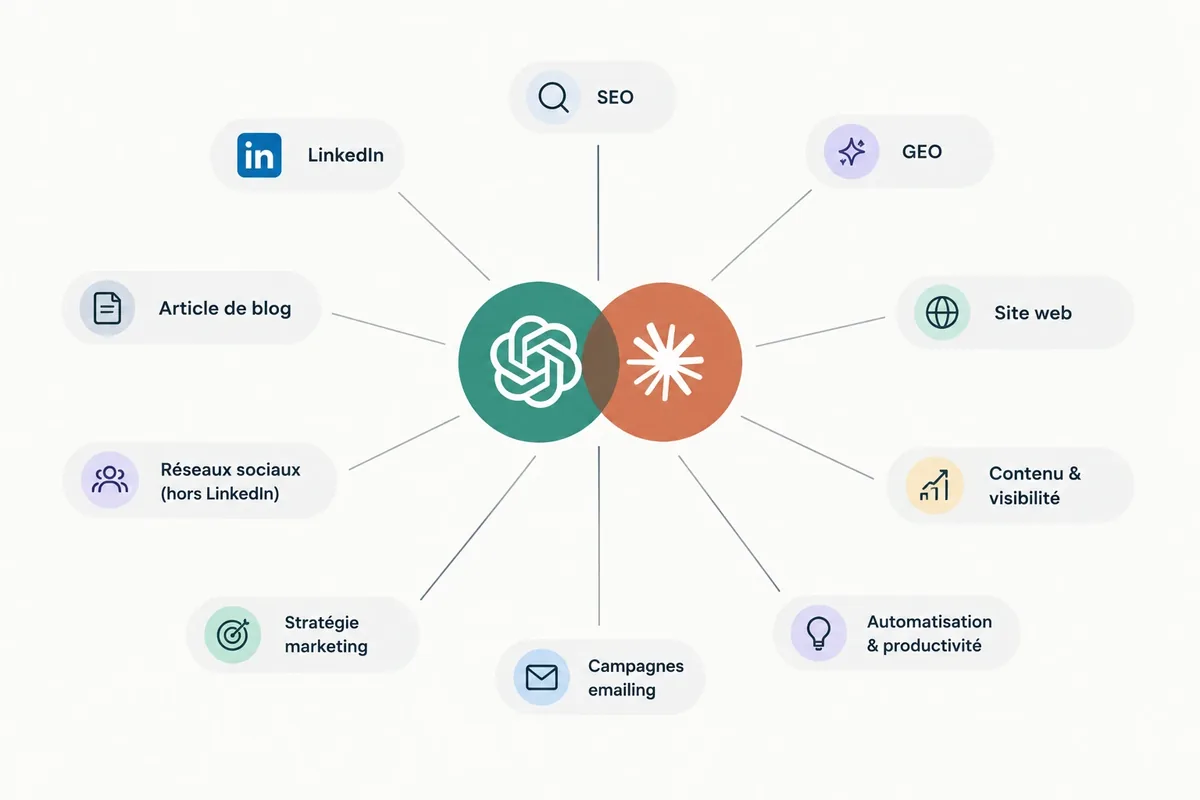 Schéma des usages de ChatGPT et Claude en marketing : LinkedIn, blog, SEO, GEO, site web, emailing