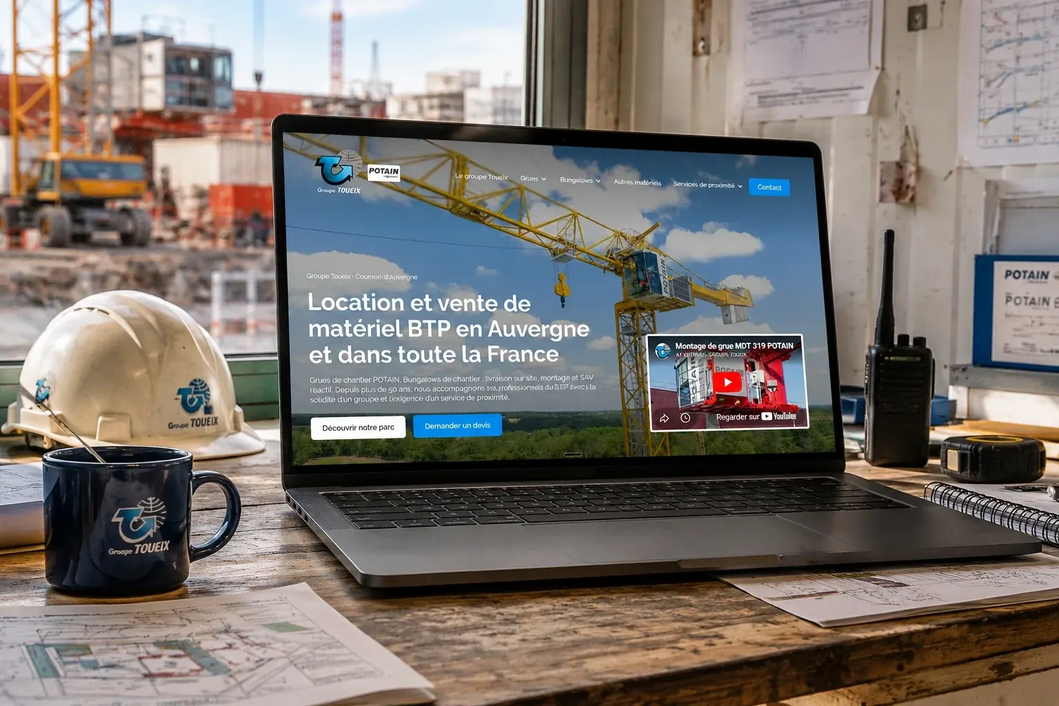 Page d'accueil du nouveau site Groupe Toueix, location et vente de matériel BTP