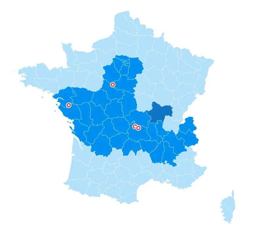 Carte des agences Groupe Toueix par département, utilisée pour router automatiquement chaque lead vers le bon commercial
