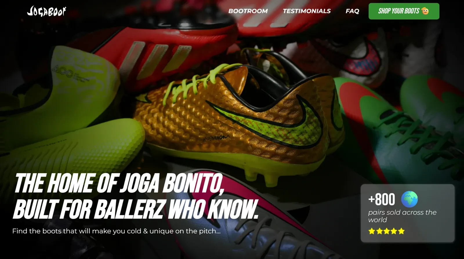 Page d'accueil de la boutique e-commerce Jogaboot, crampons de foot collector